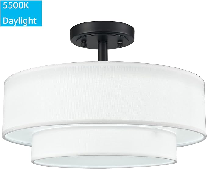 DAYCENT Black Drum Semi Flush Mount Ceiling Light Modern Farmhouse Dimmable LED Light Fixture Ceiling 30W 3000K/4500K/5500K Drum Shade Ceiling Light for Bedroom Hallway