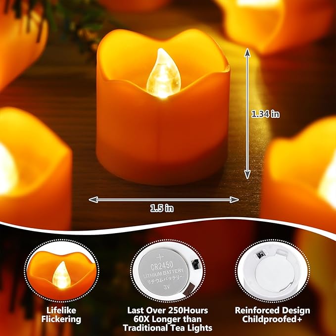 Topstone Halloween Orange Led Tealight with 4/6/8 H Timer,Remote Control Flameless Candle,Battery Powered Fake Candles,Electric Votive Candle,Pack of 12