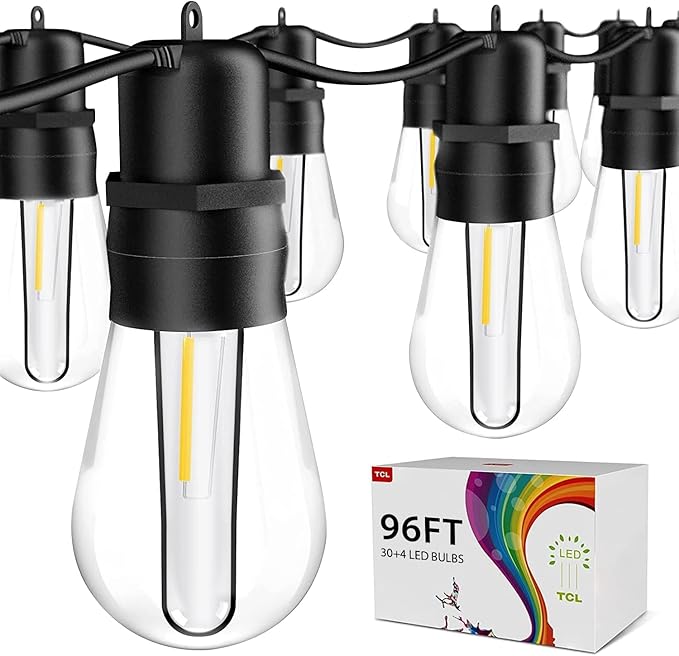 walsport 96FT LED Outdoor String Lights with S14 Shatterproof Plastic Bulbs (30+4 Spare) – ETL Listed IP65 Waterproof Heavy-Duty Patio Lights for Backyard, Bistro, Cafe Outdoor Lighting