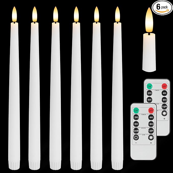 Flameless Taper Candles with 3D Wick, 11.4" Real Wax LED Candles with Remote and Timer, 6 Pack Flickering Candlesticks Battery Operated (White)
