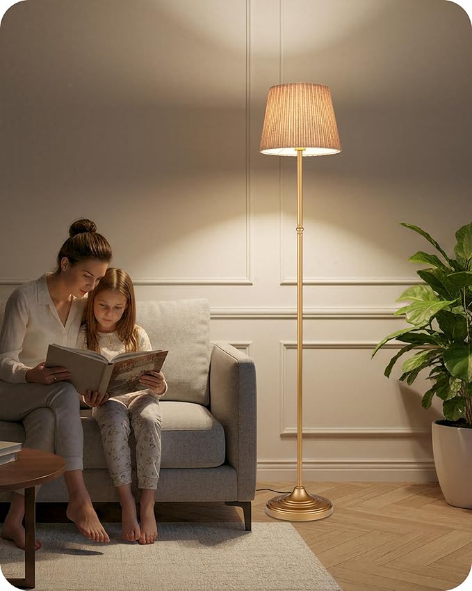 Dimmable Floor Lamp for Living Room, 68" Tall Standing Lamp, Reading Light with Remote & Foot Pedal, 10W LED Bulb (3000K-6500K) Included, FCC Listed, Reinforced Base, Gold and Beige DE12LD05