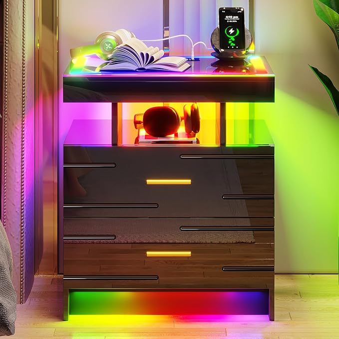 HNEBC RGB Nightstand with Wireless Charging Station, LED Night Stand with Motion Sensor Lights, Smart Bedside Table with Changing Strip Lights with Remote,High Gloss Side Table/Glass Top (Black)