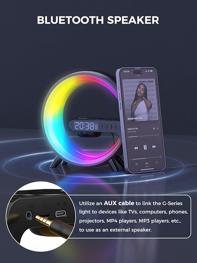 Smiling Shark Wake Up Light, Atmosphere Desk Light with 15W Wireless Charger & Bluetooth Speaker Button Control 10 Lights Mode Sunrise Simulation Alarm Clock Smart Light for Home Decor Bedroom