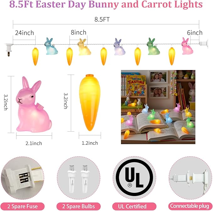 8.5Ft Easter Rabbit String Lights, 10L Plug in Pastel Easter Bunny Carrot Lights Connectable for Outdoor/Indoor Holiday Home Kits Classroom Bedroom Windows Tree Garden Spring Decoration