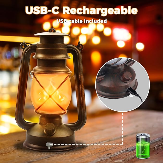 2 Pack Bronze Vintage 4 Modes LED Lanterns，Rechargeable Flickering Flame Lights Decorative Outdoor&Indoor, Remote Control Waterproof Hanging Lantern for Camping,Patio Garden Pathway