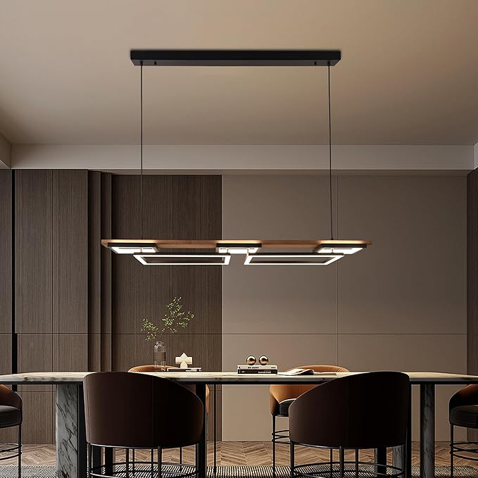 Vintage Wood LED Kitchen Island Light, 65W Stepless CCT Adjustable & Dimmable 47'' 2-Layer Wood Pendant Light Fixture with Remote, Ceiling Mounted Hanging Lamp for Dining Room, Bedroom，Black