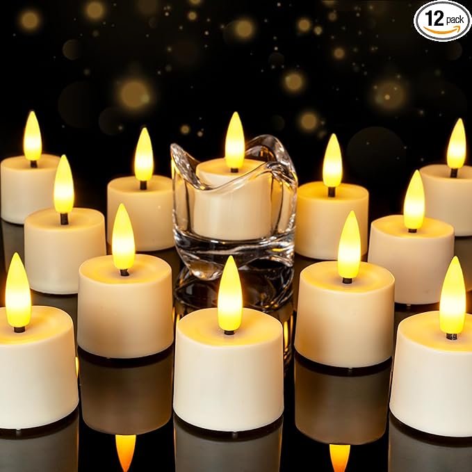 Flameless Candles, 12Pack Timer LED Votive Candles, Realistic 3D Flickering Tea Lights Candles Battery Operated with 6 Hours Timer Auto for Wedding Home Decor- Ivory Base