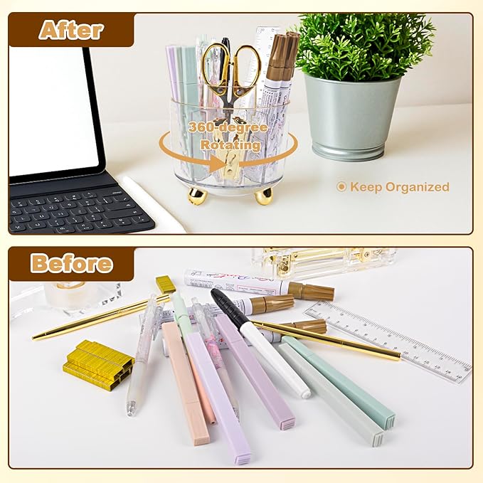Office Desk Accessories Supplies - 11 Pcs Gold Desk Decor Set with 360-Degree Rotating Pen Holder, Women Cute Aesthetic Office Essentials Kit, Stapler Tape Dispenser, Acrylic Gift for School Home Work
