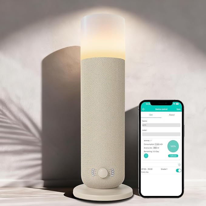 Smart Waterless Essential Oil Diffuser,Scent Diffuser for Home,Hotel Collection Diffuser APP Control,Ambient Lighting,Covers Up to 2000 Sq.Ft Aromatherapy Diffuser for Bedroom Spa Yoga Office Beige