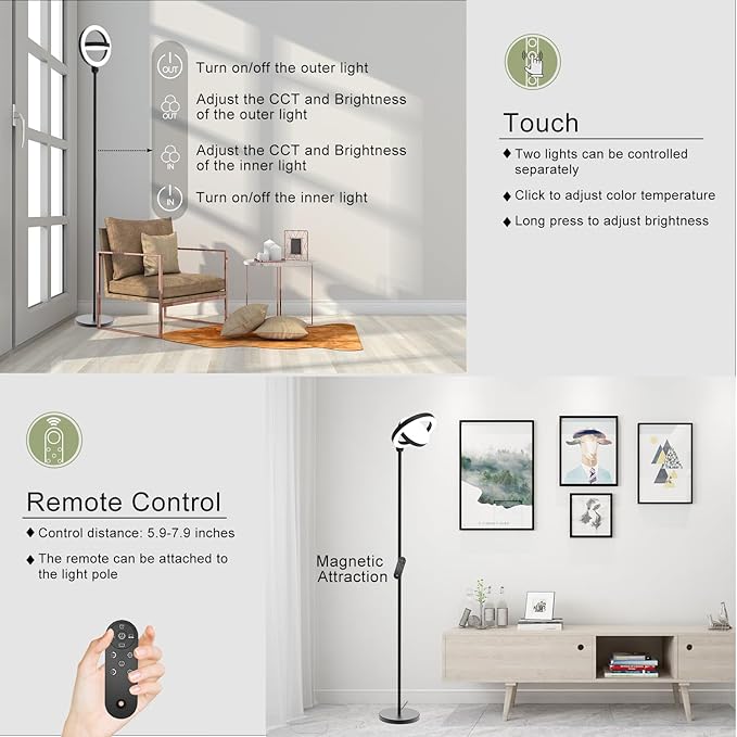 36W 2500lm Super Bright LED Floor Lamp for Living Room, 75.5 Inch Tall Stepless Dimmable Standing Lamp with Remote for Bedroom, Led Torchiere Lamp for Office