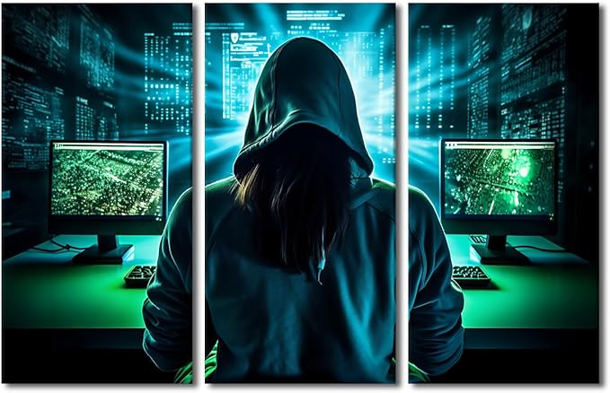 TUMOVO AI Big Data Wall Decor for Living Room Hacker Malware Picture Canvas Prints 3 Pieces Wall Art Hacker Artwork for Home Office Room Wall Decorations Canvas Art Prints Ready to Hang, 42" Wx28 H