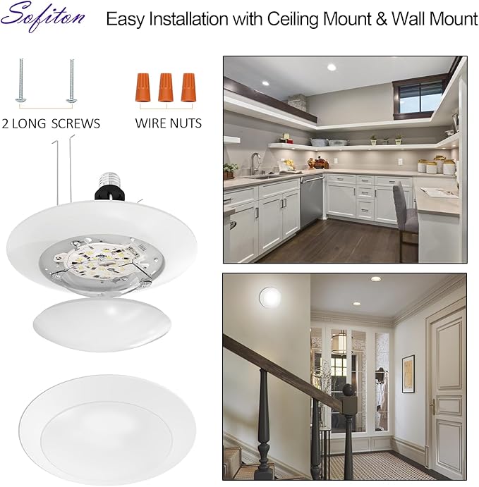 6-Pack 6 Inch Disk Lights, 2700K-5000K Adjustable, 16W, 1050LM, CRI 90+, Dimmable 10%-100%, Wet Rated, Surface Mount LED Ceiling Light for Bathroom Kitchen, ETL Listed