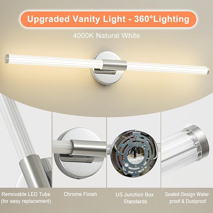 Dimmable LED Bathroom Vanity Lights 360° Full Lighting Bathroom Light Fixtures Over Mirror Vanity Light Bar Modern Wall Sconce 4000K for Bedroom Living Room Hardwired Chrome, 30 inch
