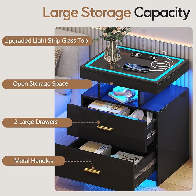LED Nightstand with Wireless Charging Station,Black Night Stand with 2 Drawers,Glass Top Smart Bedside Table,Modern End Table Side for Bedroom,Living Room,Office
