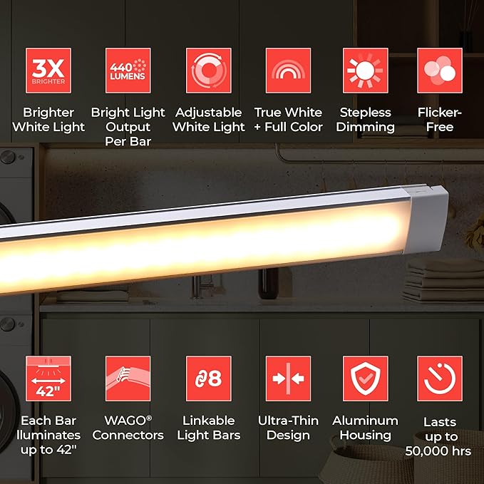 PureOptics LED Professional Push Wire® Under Cabinet Light Bar, Add-on, Plug-in or Hardwire Compatible, Adjustable White and RGB LED, for Kitchen, Utility Light, Closets, Garage, Pantry, (1) 18" Bar
