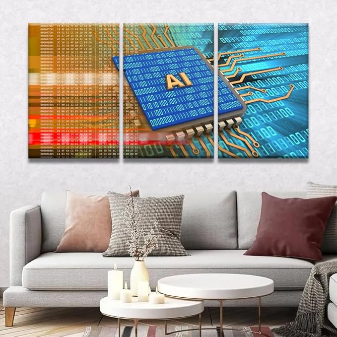 LSIUHWUWI 3 Panels Canvas Wall Decor Modern Art AI Sign and Binary Code Inside Picture Poster for Bedroom Living Room Wall Decorations, CPU Artwork Ready to Hang, 16x24inchx3