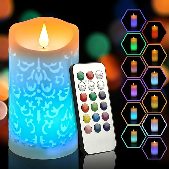 NICEME 6" LED Multi Colored Flameless Candle with Remote Control Timer Realistic Wax Color Changing Candle Battery Operated Flickering Candle