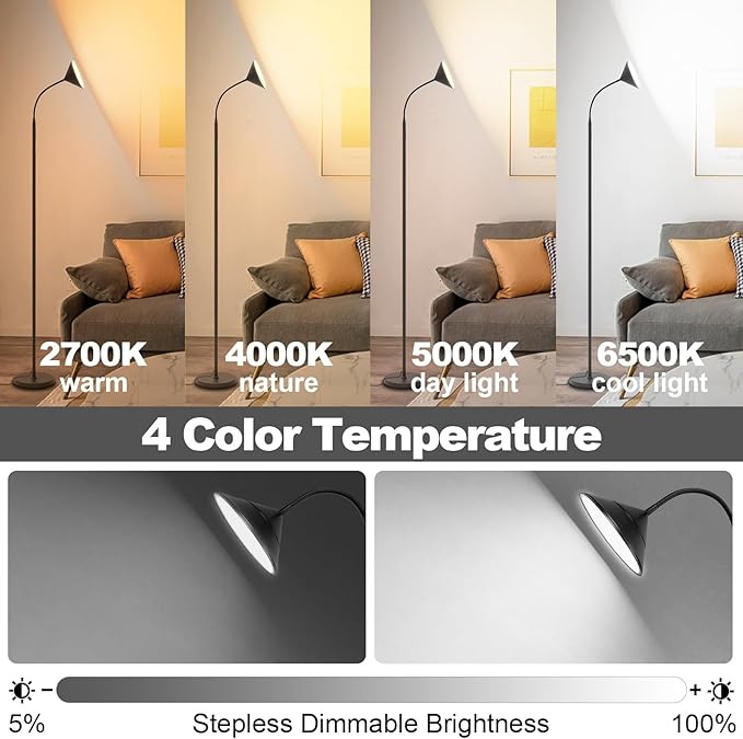 76" LED Floor Lamp, 18W/1800LM Super Bright Reading Standing Lamp,Stepless Dimmable&Adjustable Color Temperature 2700K-6500K w/Remote& Touch Control Lamps for Living Room Bedroom Office Black