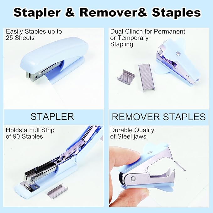 Blue Desk Organizers and Accessories Set with 360-Degree Rotating Pen Holder, Tape Dispenser, Stapler, Staple Remover, 1000 Staples, Tape, Clips Set, Ruler, Scissor, Pen