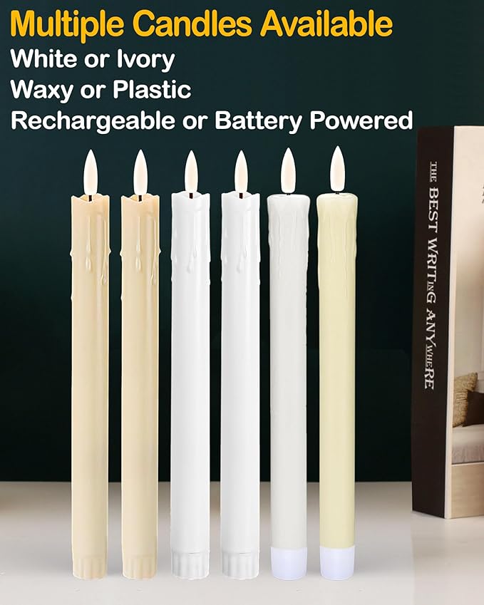 9.6" Rechargeable Flameless Taper Candles with Remote, Timer, Dimmer, Ivory LED CandleSticks, 2 Pack USB Long Candles Battery Operated for Window, Table, and Mantel Decor