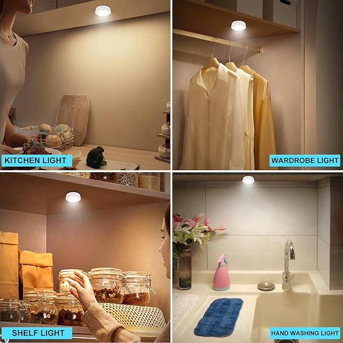 Wireless LED Puck Lights, Touch Activated Tap Ligh Push Light,Battery Operated Stick On Lights for Under Cabinet, Kitchen, Closet & Counters, 6-Pack, White (3 AAA Batteries Included)
