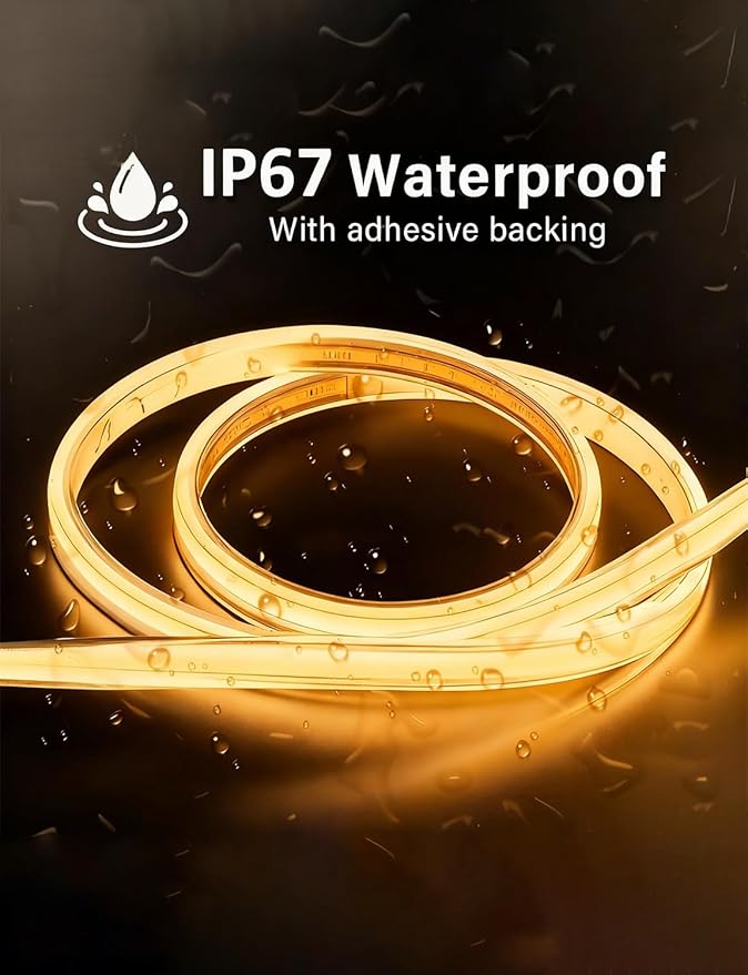 50FT COB LED Strip Light Outdoor Waterproof,15M Warm White 3000K Led Strip Lights Flexible 24V Remote & App Control Dimmable Led Tap Lighting for Room Bathroom,Kitchen ,Patio Garden ,Cabinet Shelf