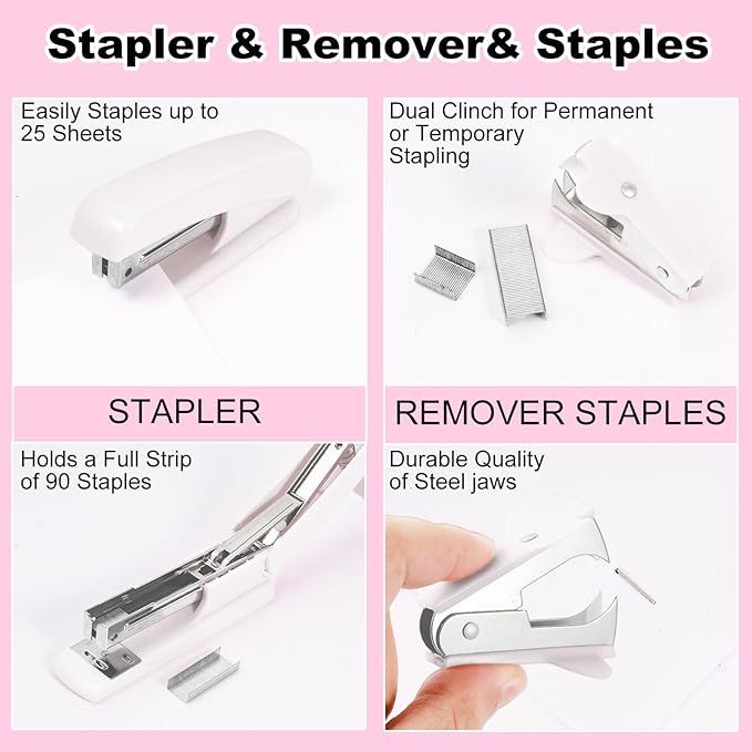 White Desk Organizers and Accessories Set with 360-Degree Rotating Pen Holder, Tape Dispenser, Stapler, Staple Remover, 1000 Staples, Tape, Clips Set, Ruler, Scissor, Pen
