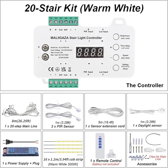 Intelligent Motion Sensor LED Stair Light Kit with Main Wire& Daylight Sensor, Step by Step Control 47.2 Inches Cuttable LED Strip Lights Indoor with Remote (20 Stairs,3000K)