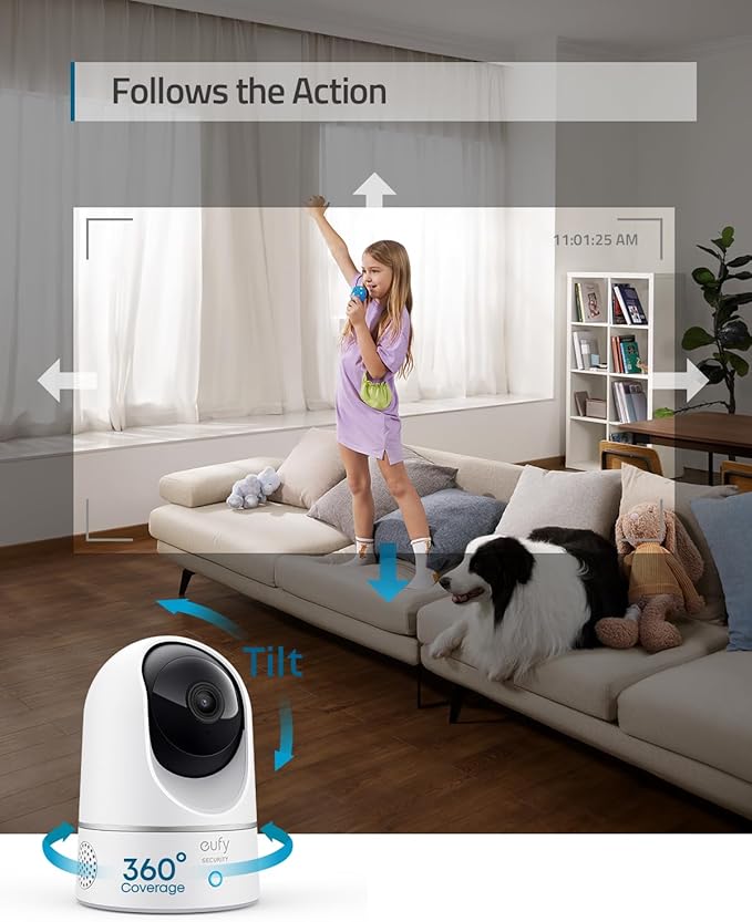 eufy Security Indoor Cam E220, Camera for home Security, Pan & Tilt, Dog/Pet Camera, 2K Wi-Fi Plug-in, Motion Tracking, Motion Only Alerts, Night Vision, HomeBase 3 Compatible, Voice Assistant Support