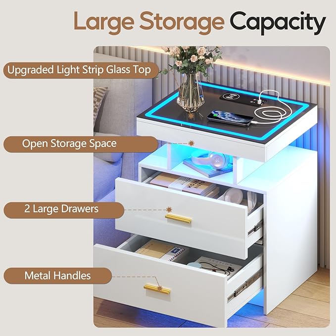 LED Nightstand with Wireless Charging Station,White Night Stand with 2 Drawers,Glass Top Smart Bedside Table,Modern End Table Side for Bedroom,Living Room,Office