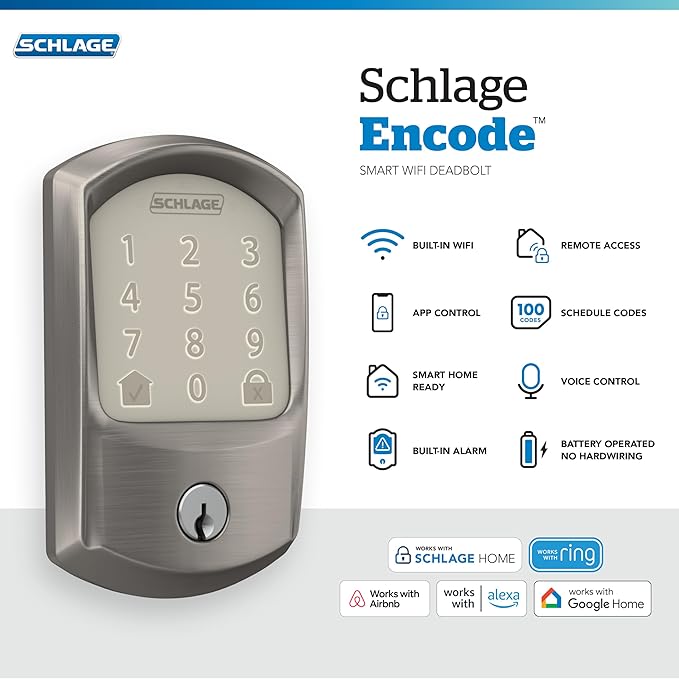 Schlage Encode Smart Wi-Fi Deadbolt Lock with Touchscreen Keypad, Keyless Front Door Entry, App Control, Alexa, Google Home and Airbnb Compatible, Satin Nickel, BE489WB GRW 619
