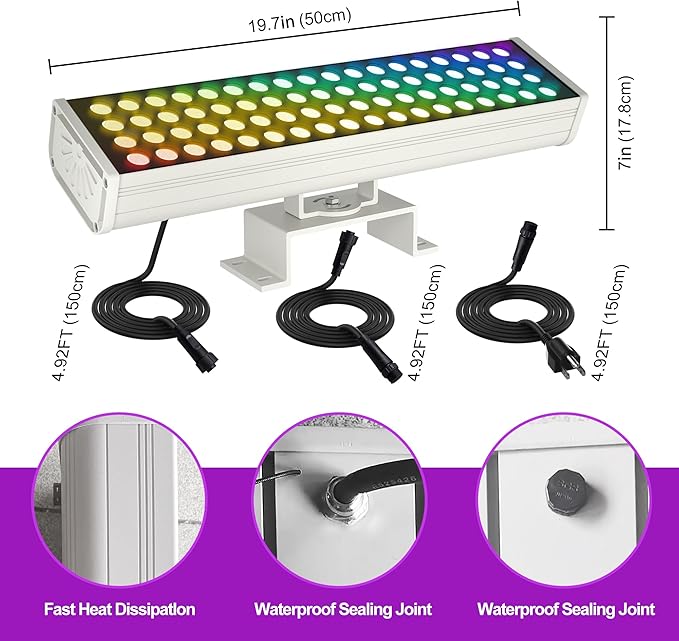Smart Outdoor Color-Changing Flood Lights, RGBCW 360W Linkable LED Wall Washer with App & RF Control, 2700K-6500K Tunable White Dimmable, IP65 RGB Floodlight for House, Yard, Holiday Party