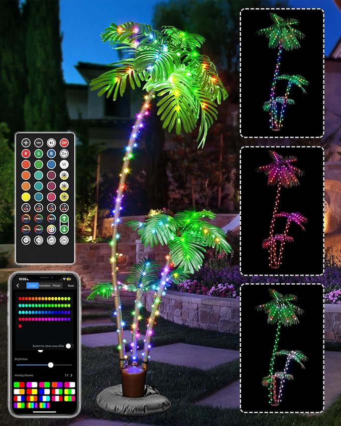 7FT Smart Lighted Palm Tree - App & Remote RGB LED with Music Sync, 3 Trunks DIY Color Changing Artificial Palm Tree, Dimmable Timer Pre-Lit Faux Tree for Outdoor Patio Poolside Tiki Bar Party Decor