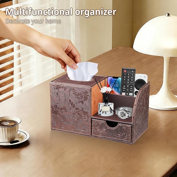 Nightstand Organizer with Tissue Holder,PU Leather Square Tissue Box Cover,Modern Facial Paper Organizer Storage Box for Remote Control,Bathroom,Vanity Countertop,End Table Home Office