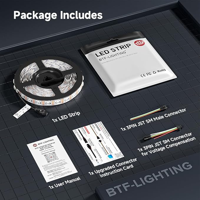 BTF-LIGHTING WS2812B ECO RGB LED Strip,UL Listed,Individually Addressable,16.4FT 60LED/m 300Pixel DC5V 5050SMD,Alloy Wire Flexible 3M Tape for DIY Chasing Color Project IP65(No Adapter or Controller)