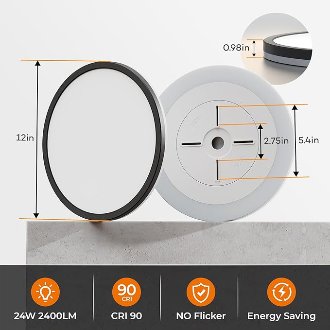Matane 12 Inch LED Flush Mount Ceiling Light Fixture with Night Light, 24W 2400LM 3000K/4000K/5000K Selectable, Dimmable Ceiling Lights for Bedroom, Dining Room, Kitchen, Round Black