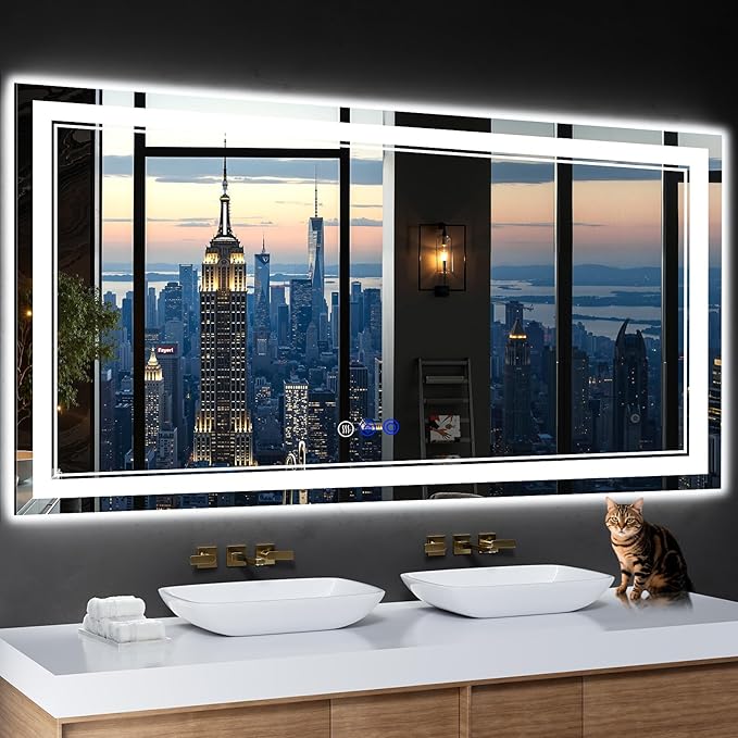 60"x30" LED Bathroom Mirror with Anti-Fog, Stepless Dimmable Lights, 3 Color Modes, Shatter-Proof Tempered Glass,Waterproof Design
