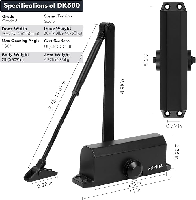 SOPHIA Automatic Door Closer Commercial, Auto Door Closer for Home Size 3 DK500, 3H Fire-Rated Hydraulic Door Closer Residential & Life Size Fitting Template, UL Listed, ANSI Grade 3, Matte Black