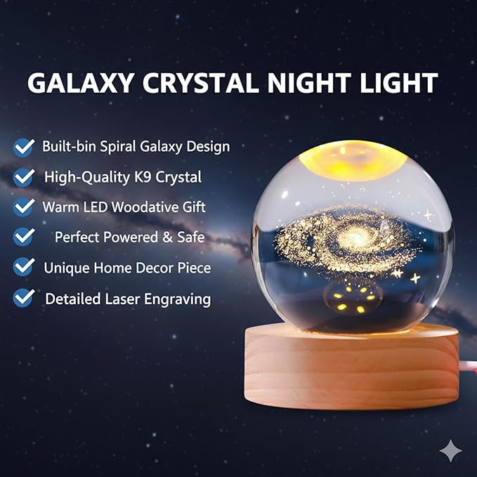 3D Galaxy Crystal Ball Night Light 60mm, 7 Color LED Glass Sphere Lamp with Wooden Base, Crystal Globe Orb Bedroom Decor, Unique Space Gift for Teen Boys Girls(Heart Cloud)