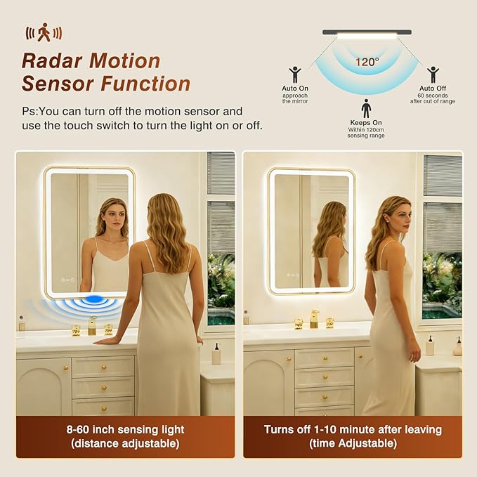 24x32 Inch Gold Framed LED Bathroom Mirror with Lights,Smart Bathroom Mirror,Motion Sensor,Anti-Fog,Stepless Dimmable & 3 Colors,Memory,Vanity Mirror for Wall