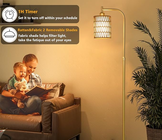 Modern Gold Floor Lamps for Living Room, Boho Rattan Floor Lamp with Remote & Dimmable LED Bulb, Farmhouse Standing Lamp with Rattan Shades, Minimalist Tall Pole Lamp for Bedroom Office