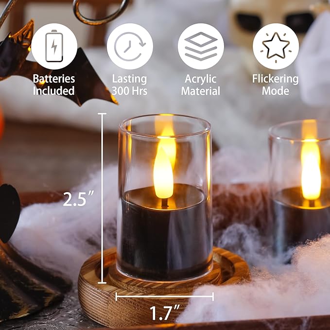 8pcs Halloween Battery Operated 1.7" x2.5" Clear Acrylic Remote LED Tea Lights, Flameless 2/4/6/8h Timer Fake Black Bulk Votive Candles with Batteries, Flickering Pure Plastic Tealights