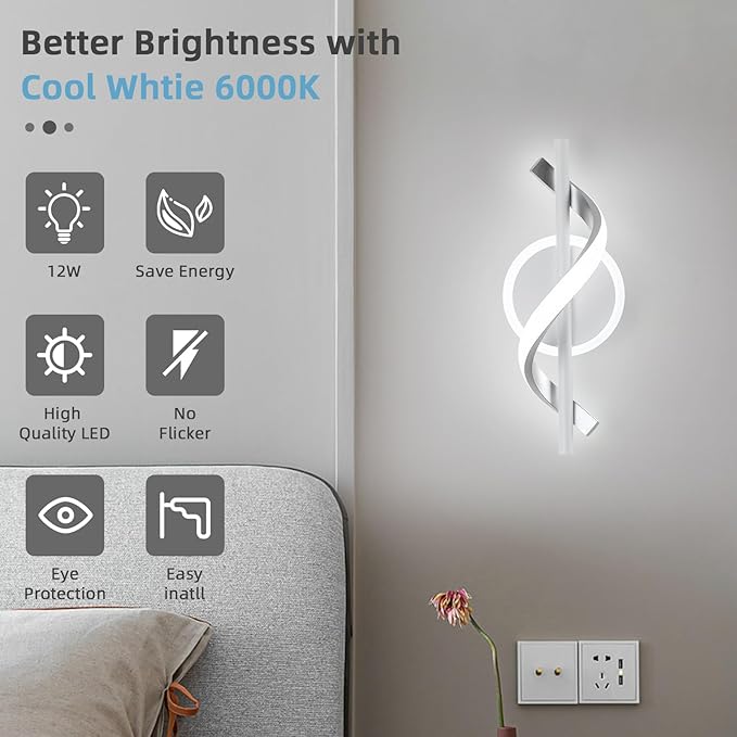 LED Wall Sconces Indoor, 12W LED Wall Lights, Modern Spiral Wall Lamp, 6000K Cold White Wall Mount Light Fixture for Stairs Living Room Bedroom Aisle Hallway (Cool White, White)