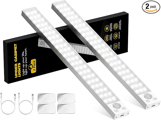 Under Cabinet Lights 14.5 Inch,Under Cabinet Lighting 63LEDS 2500mAh,Motion Sensor Light Indoor Rechargeable Battery Operated,Dimmable Under Counter Lights for Kitchen,Drawers,Wardrobe,Stair Bedroom