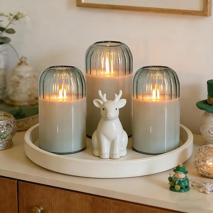 Green Flameless Battery Operated Candles with Remote, Set of 5 Glass Jar LED Candles with Dancing Flame, Flickering Electric Candlelight for Home Wedding Party Decor H4”5”5”6" 6”
