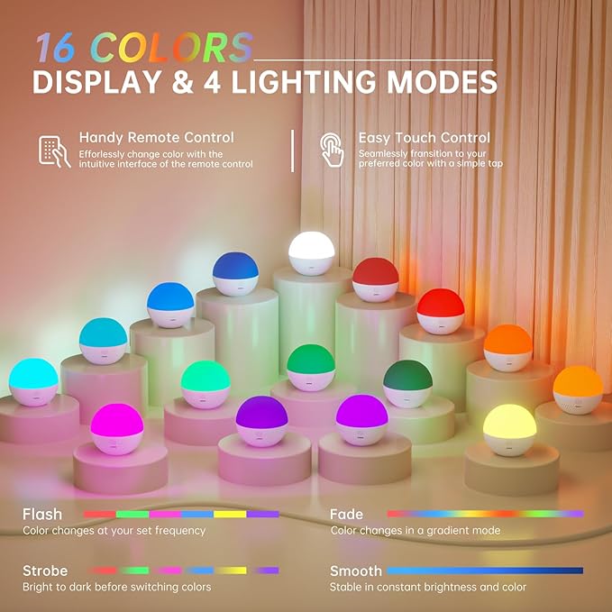 Night Light, Dimmable Touch Lamp for Bedroom, 16 RGB Colors, 5 Brightness, Portable Rechargeable Bedside Table Lamp for Baby Nursery Living Room