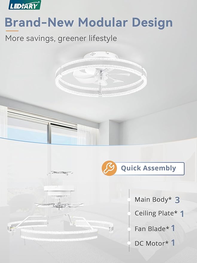 LEDIARY Ceiling Fans with Lights and Remote, 20'' Low Profile Ceiling Fan with Light, 3000-6000K Dimmable Fandelier Ceiling Fans, Modern Flush Mount Fan Light for Bedroom with 6 Wind Speeds- White