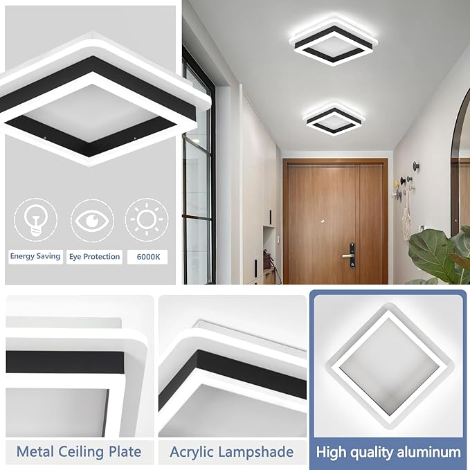 CANEOE 3 Packs Square Flush Mount Ceiling Light, 6000K Black Modern LED Ceiling Light Fixture, Minimalist Hallway Lighting Fixture Ceiling Lamp for Hallway Entryway Bedroom Balcony (Black)