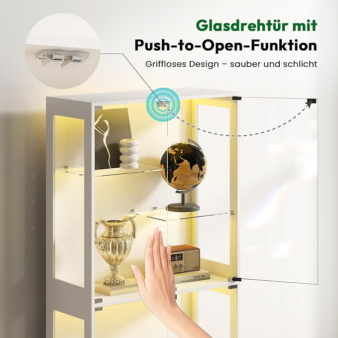 69-Inch Glass Display Cabinet - Adjustable Shelves Display Case, Curio Cabinet with RGB Lighting, for Game Room, Living Room, Bedroom, White