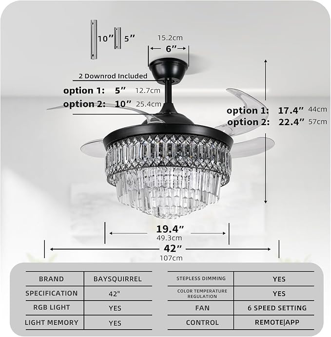BAYSQUIRREL Retractable Crystal Ceiling Fan with Lights, Bluetooth Ceiling Fan with Speaker, 6-Speed Reversible Blades, RGB-LED Light, Low Profile Modern Fandelier Fan for Bedroom Living Room 42"